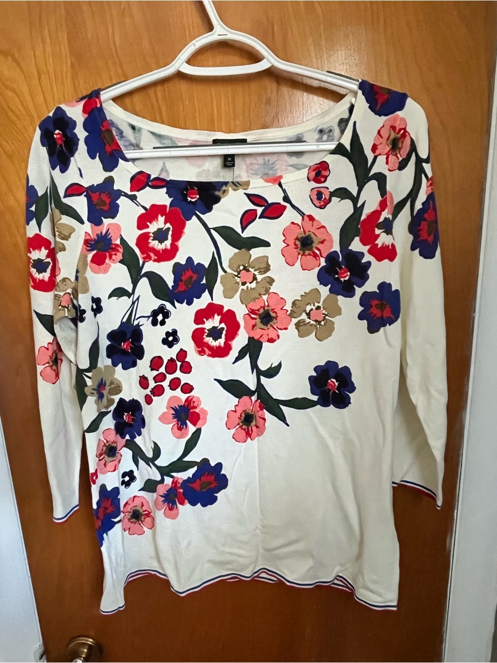 Talbots Cream Long-Sleeve Scoop Neck Top with Pink, Blue & Brown Floral Print